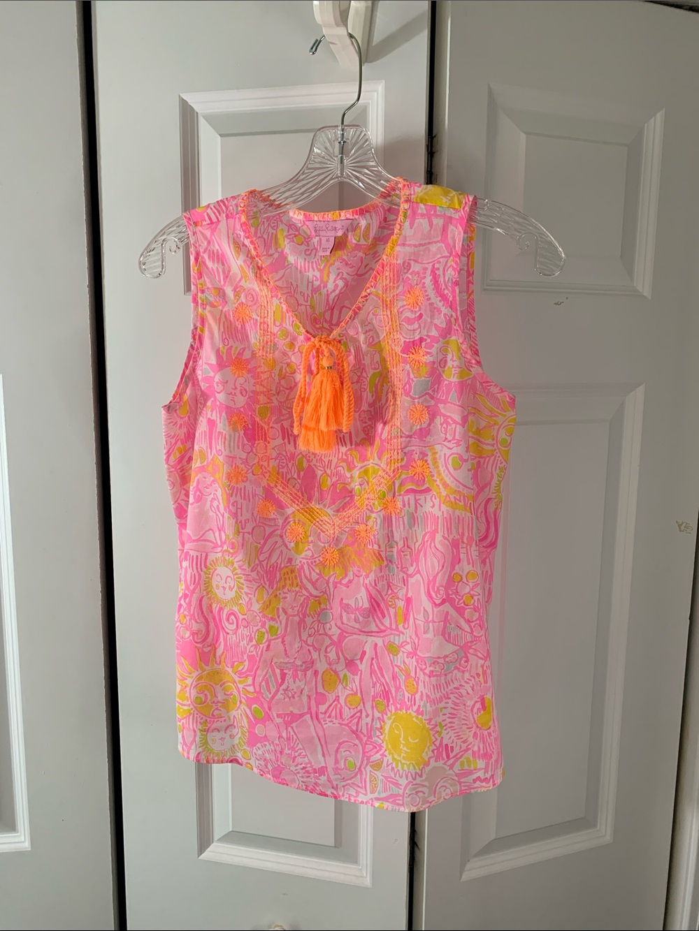 Lilly Pulitzer Pink & Yellow Sleeveless Tassel V-Neck Top XS